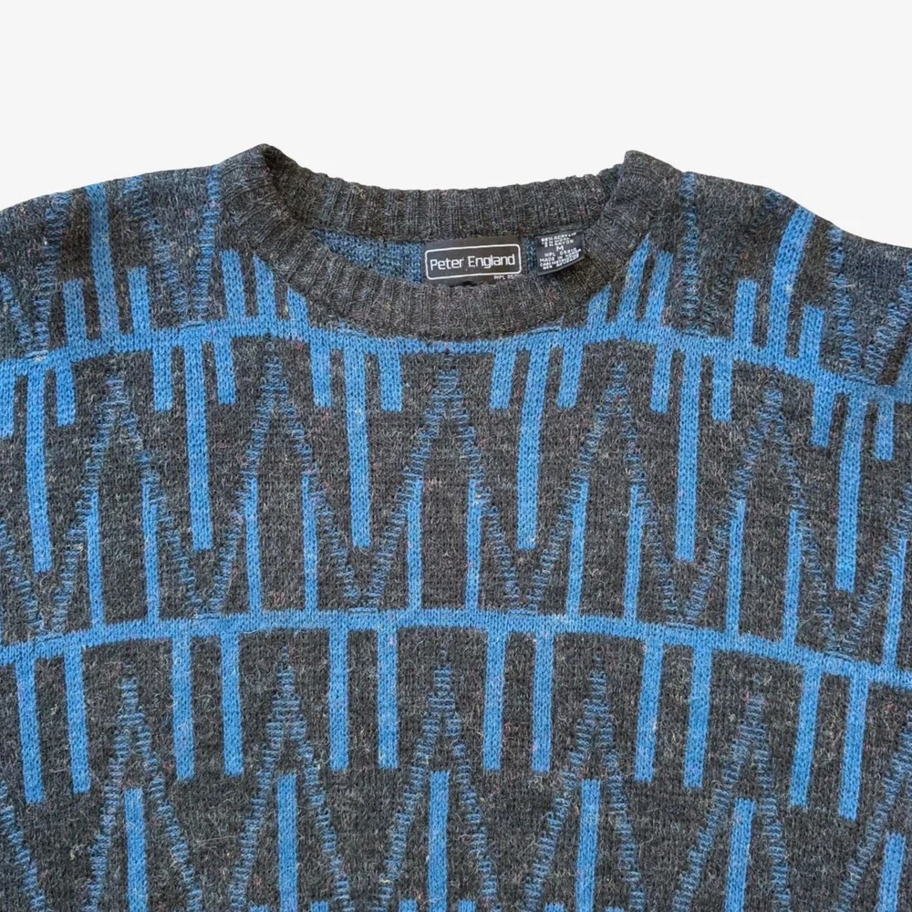 Vintage 80s Peter England Geometric Grandpa Sweater M Black Blue Wool Blend Knit